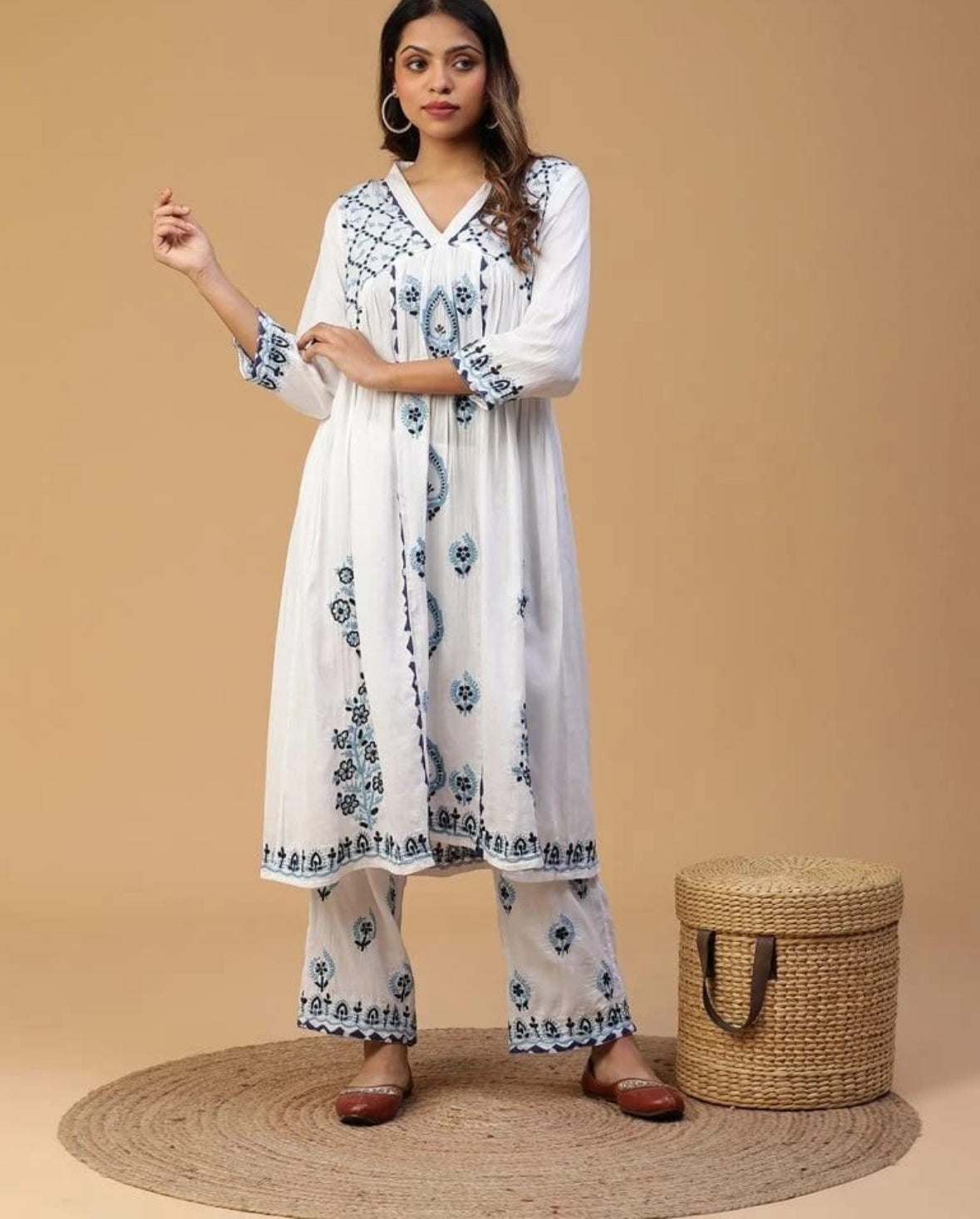 Lucknowi Chikankari Pure Cotton Satin Kurta & Pant Co-ord Set with Appliqué Work