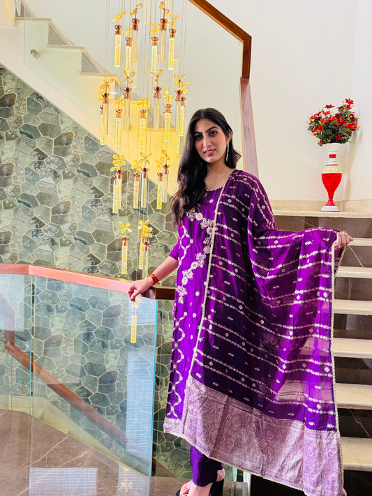 Pure dola silk with Chanderi dupatta 3 pcs set