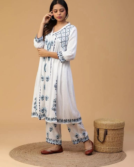 Lucknowi Chikankari Pure Cotton Satin Kurta & Pant Co-ord Set with Appliqué Work