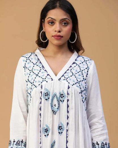 Lucknowi Chikankari Pure Cotton Satin Kurta & Pant Co-ord Set with Appliqué Work