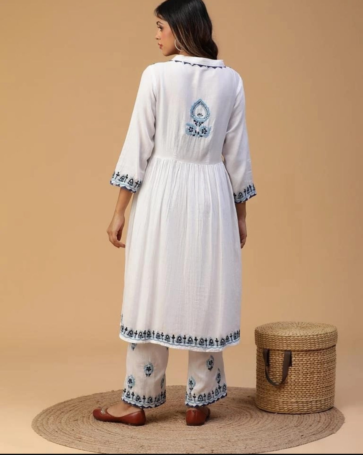 Lucknowi Chikankari Pure Cotton Satin Kurta & Pant Co-ord Set with Appliqué Work