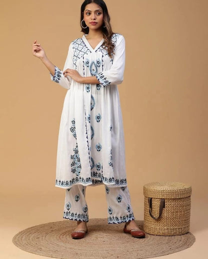 Lucknowi Chikankari Pure Cotton Satin Kurta & Pant Co-ord Set with Appliqué Work