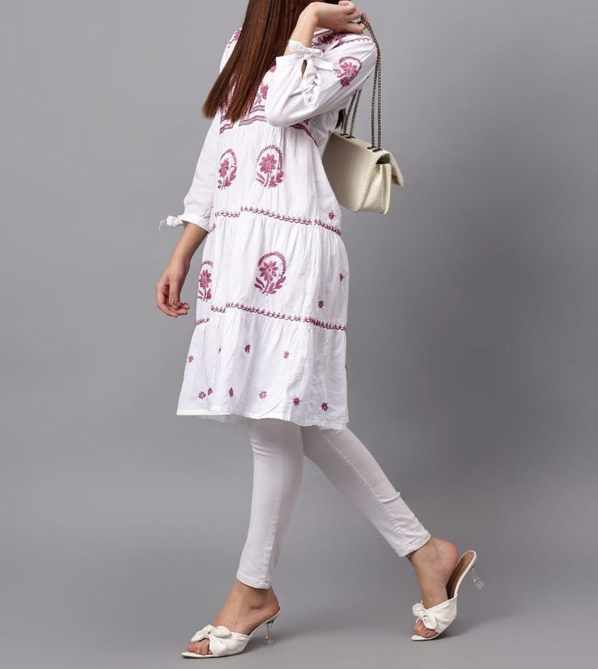 Lucknowi Chikankari Pure Mul Cotton Tunic Gown with 3D Work