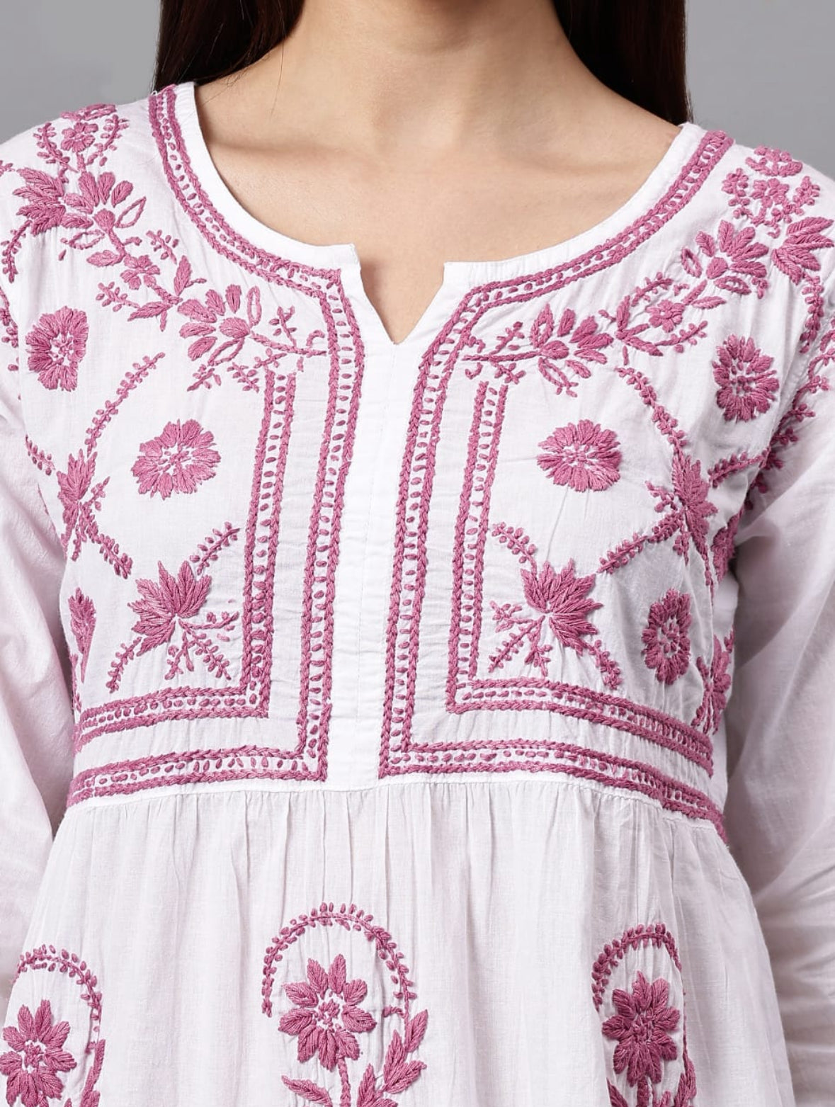 Lucknowi Chikankari Pure Mul Cotton Tunic Gown with 3D Work