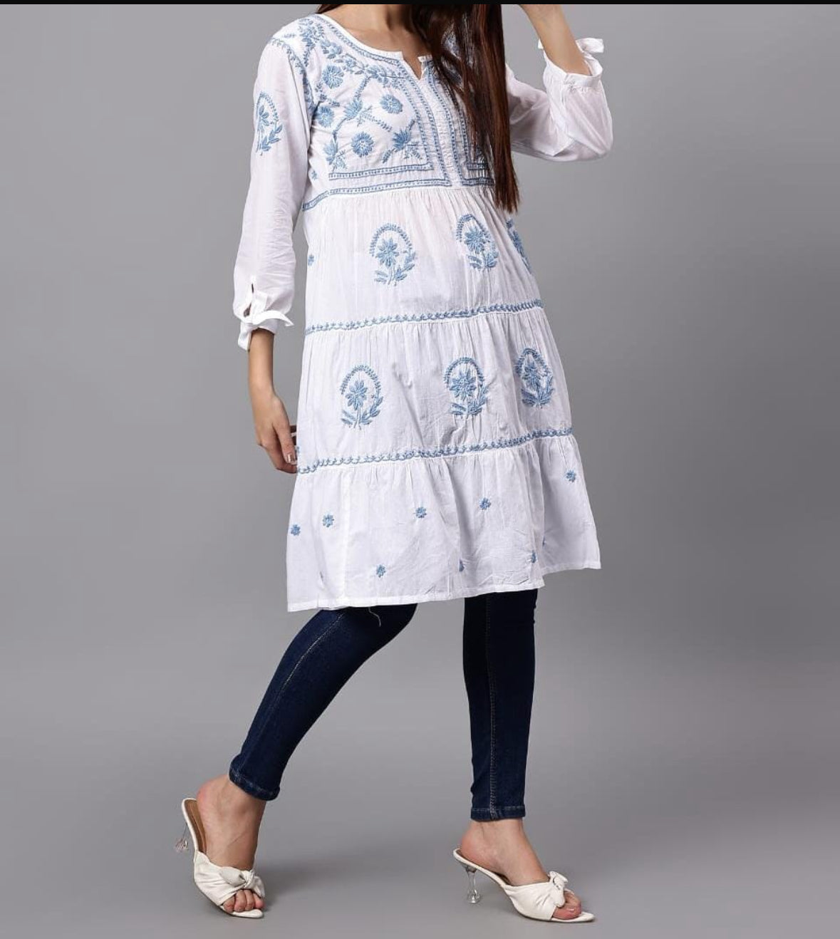 Lucknowi Chikankari Pure Mul Cotton Tunic Gown with 3D Work
