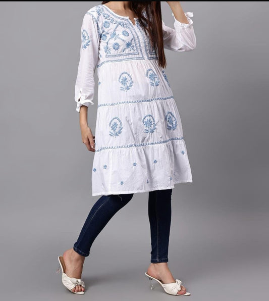 Lucknowi Chikankari Pure Mul Cotton Tunic Gown with 3D Work