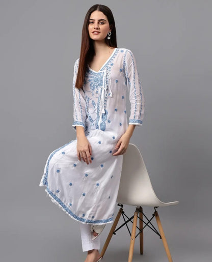 Lucknowi Chikankari Pure Muslin Angarkha gown