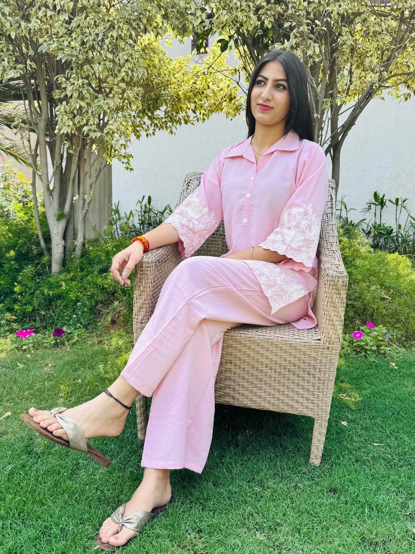 Blush Pink Co-ord Set in Viscose Linen with Floral Detailing