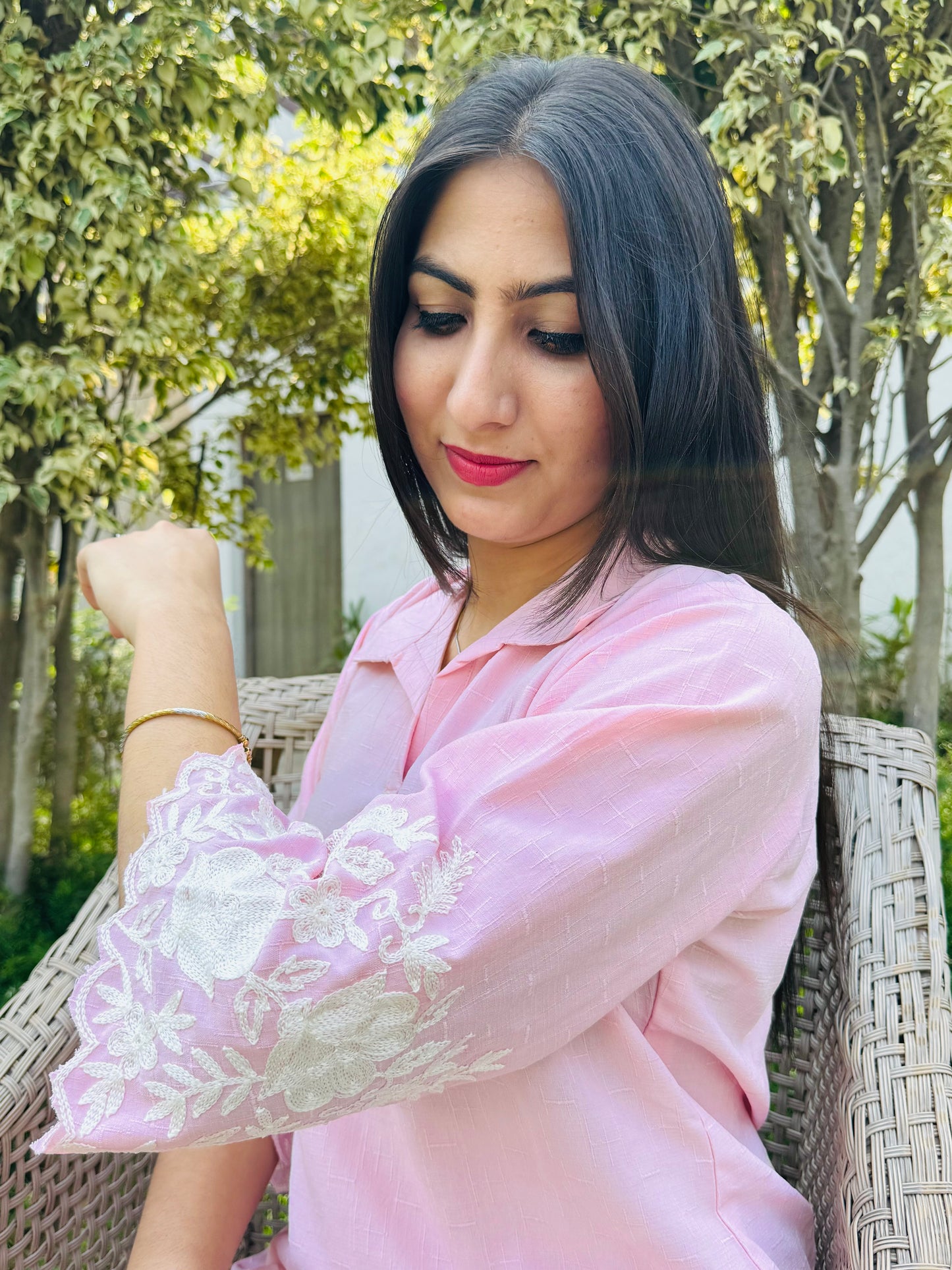 Blush Pink Co-ord Set in Viscose Linen with Floral Detailing