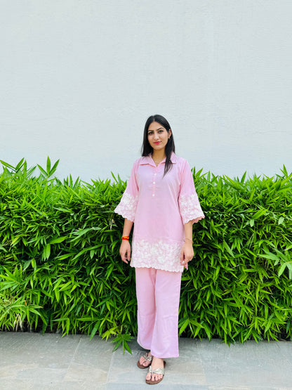 Blush Pink Co-ord Set in Viscose Linen with Floral Detailing