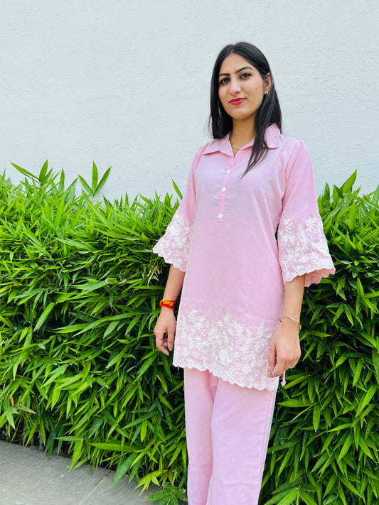 Blush Pink Co-ord Set in Viscose Linen with Floral Detailing