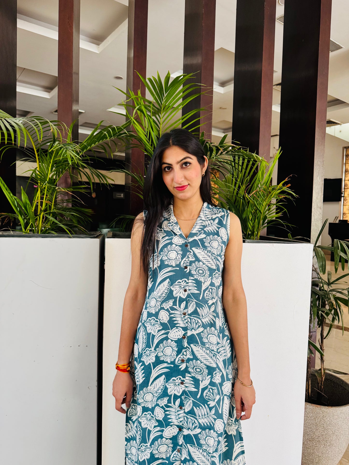 Teal A-Line Kurta Set with Botanical Print, Pockets & Detachable Sleeves